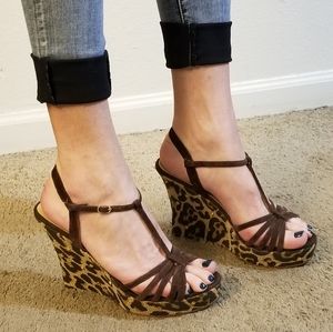 Colin Stuart - Leopard & Brown Suede T-Strap Wedge